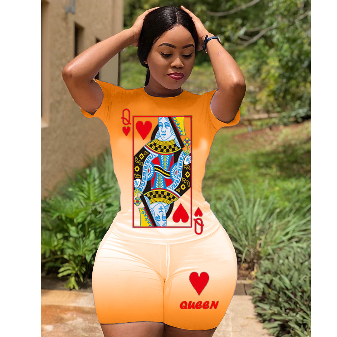 p018爆款亚马逊独立站 欧美 渐变扑克牌红心q运动两件套