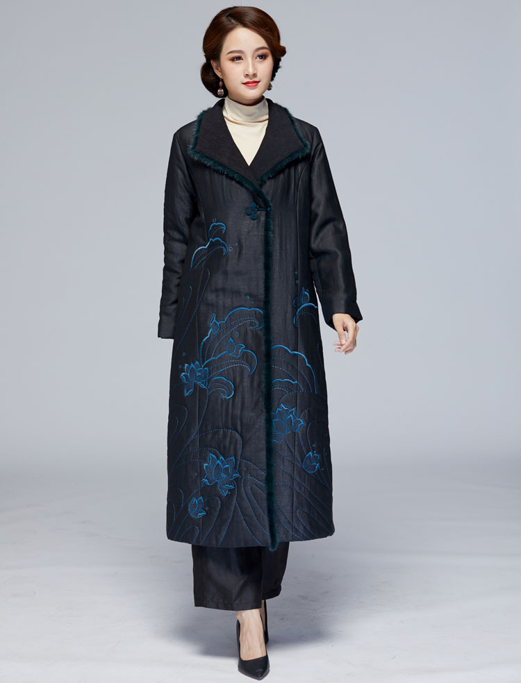 厂zt-9037重磅真丝香云纱棉大衣女中长款中老年桑蚕丝棉服过膝外套