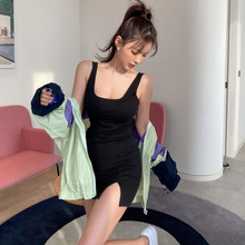 现货韩国东大门女装夏季新款洋气性感低胸开叉无袖包臀吊带连衣裙