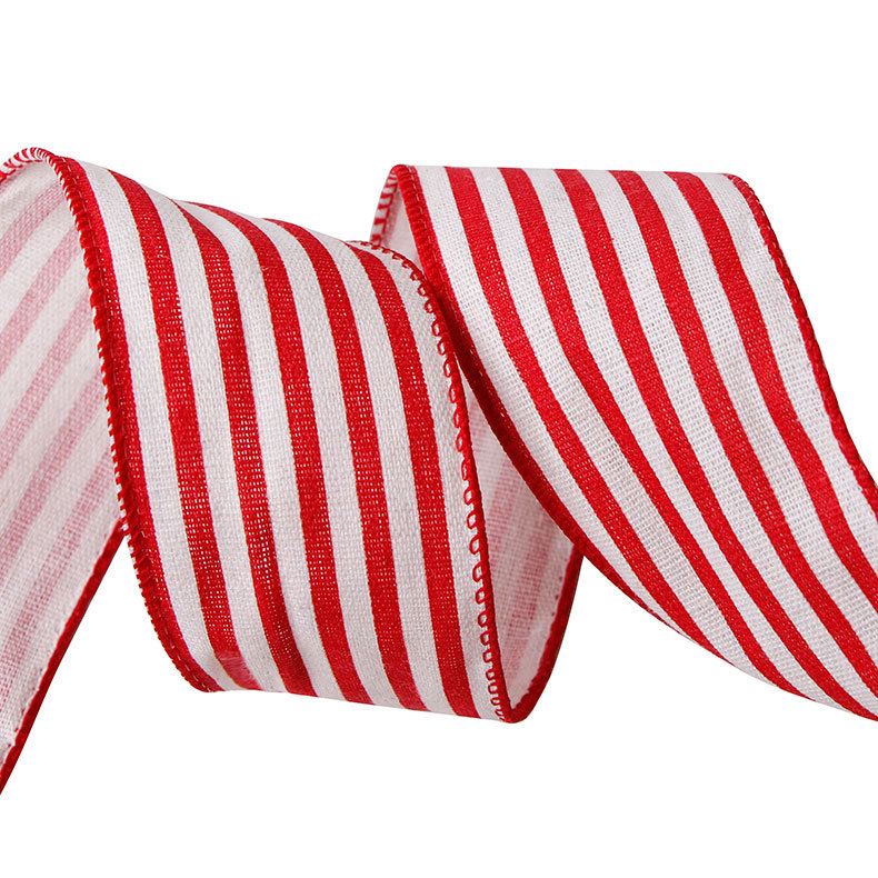 【厂家直销】美丝达ribbon红黑绿条纹织带铁丝边圣诞仿麻料丝带子-阿