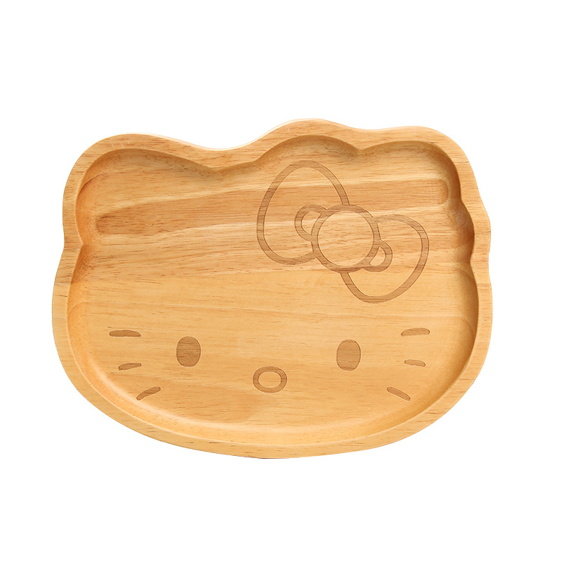Factory Direct Sales Solid Wood Cutlery Baby Cartoon Children's Dinner Plate Rubber Wooden Dinner Plate Disc