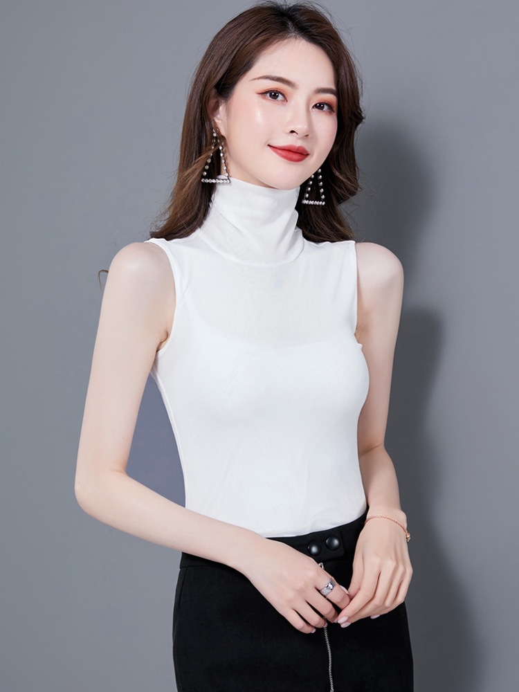 2020夏装新款高领无袖纯色百搭网纱打底衫背心女t恤小衫一件代发