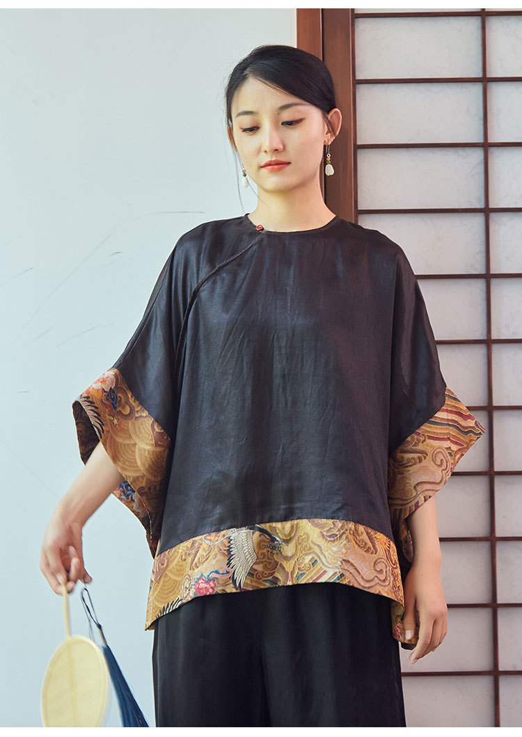 2020早秋新款中式新款宽松大码香云纱拼接花色上衣u20402捌