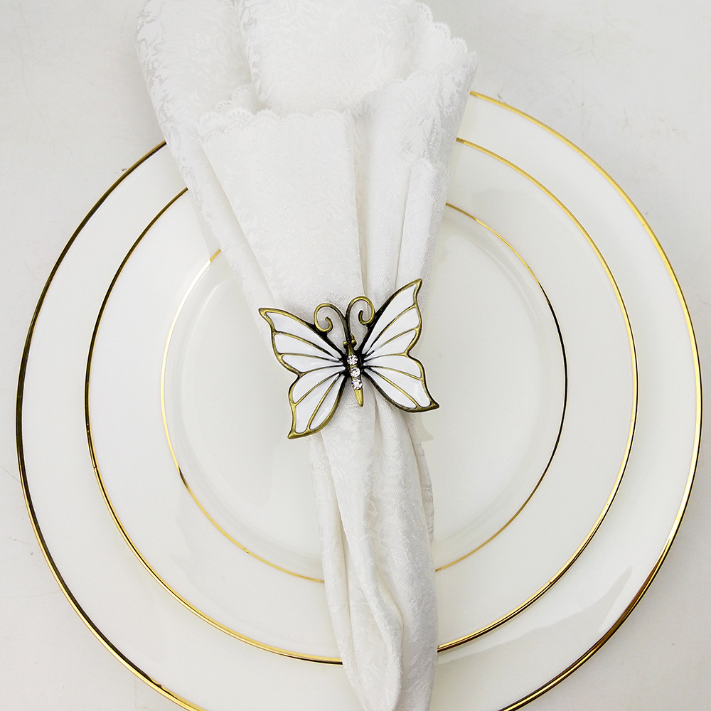 金色银色蝴蝶餐巾扣 滴胶镶钻蝴蝶餐巾环 春天白色金属口布圈