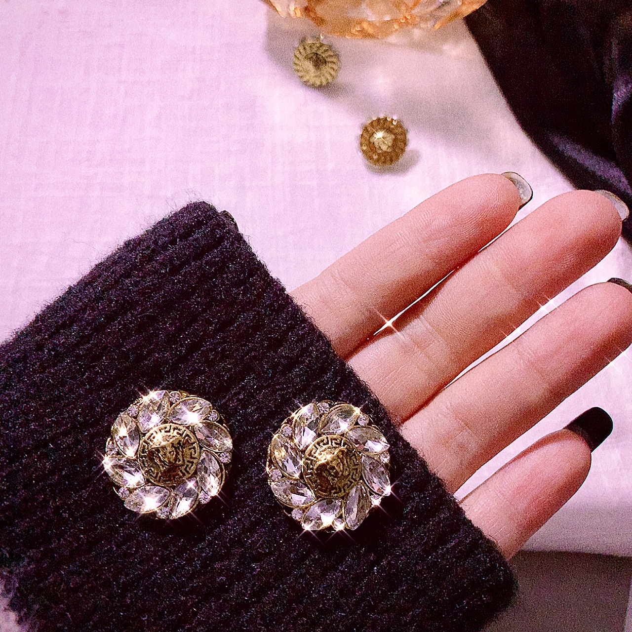 复古巴洛克风方形大宝石珍珠纽扣个性耳钉耳环耳饰