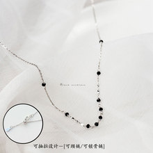 S925通体纯银黑色圆珠项链 简约时尚可抽拉锁骨链 气质百搭颈链