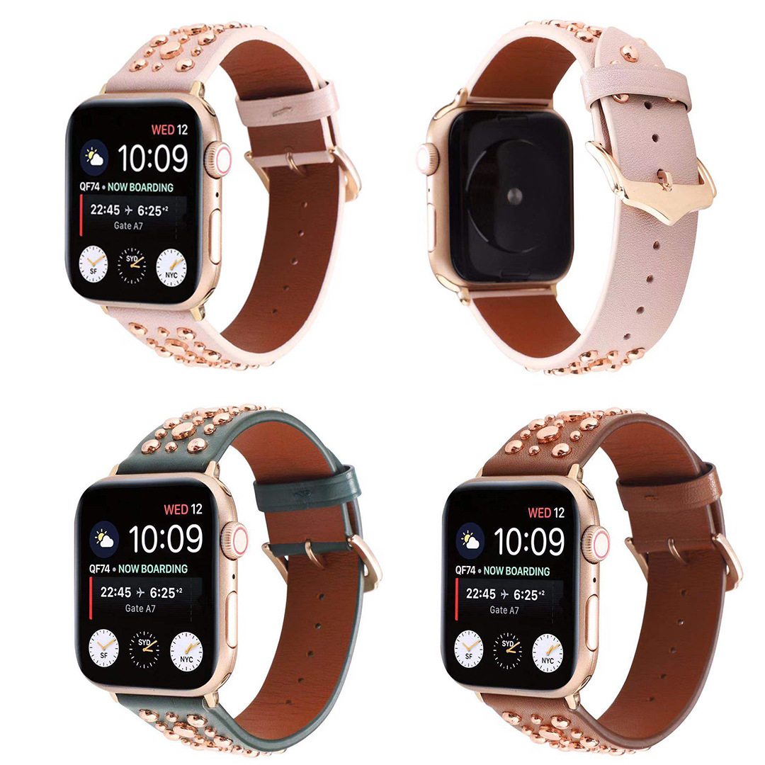 适用苹果手表iwatch2/3/4代真皮柳钉表带series 5彩钉表带潮男女