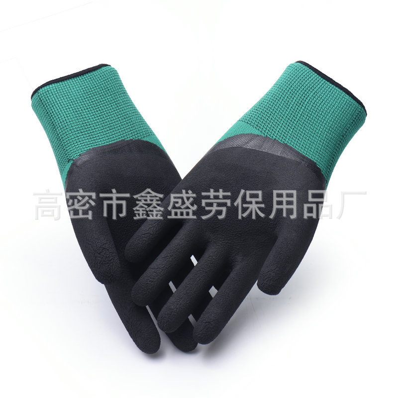 Men's Construction Site Gloves Green Yarn Black Foam Labor Protection Gloves Anti-Acid and Alkali Cargo Handling Special Work Gloves