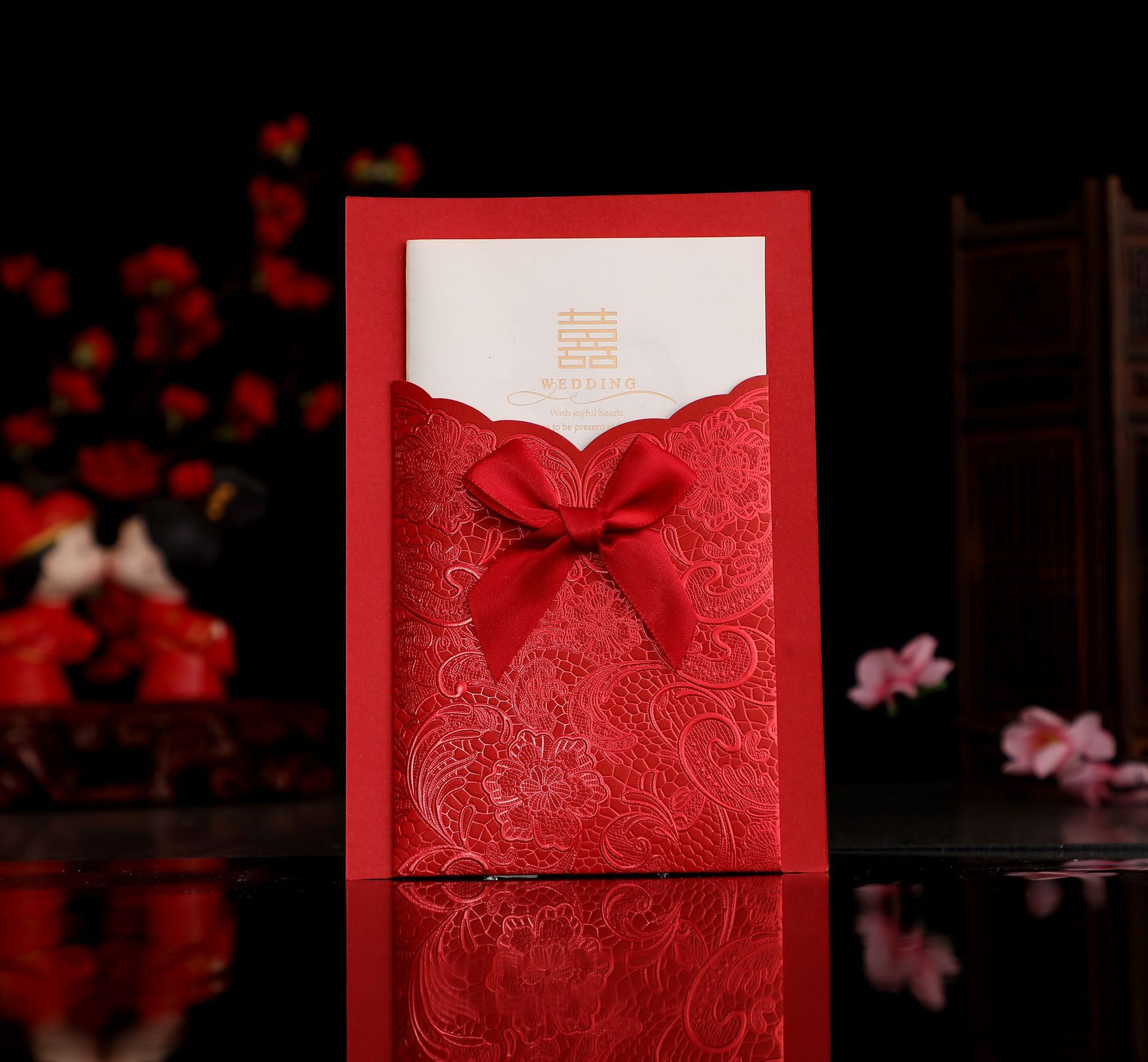 大红色牛皮纸抽卡请柬 结婚亲朋好友蝴蝶结请帖 风婚礼邀请函