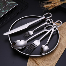 创意304不锈钢挂孔餐具套装环形手柄刀叉勺5件套西餐牛排刀甜品勺