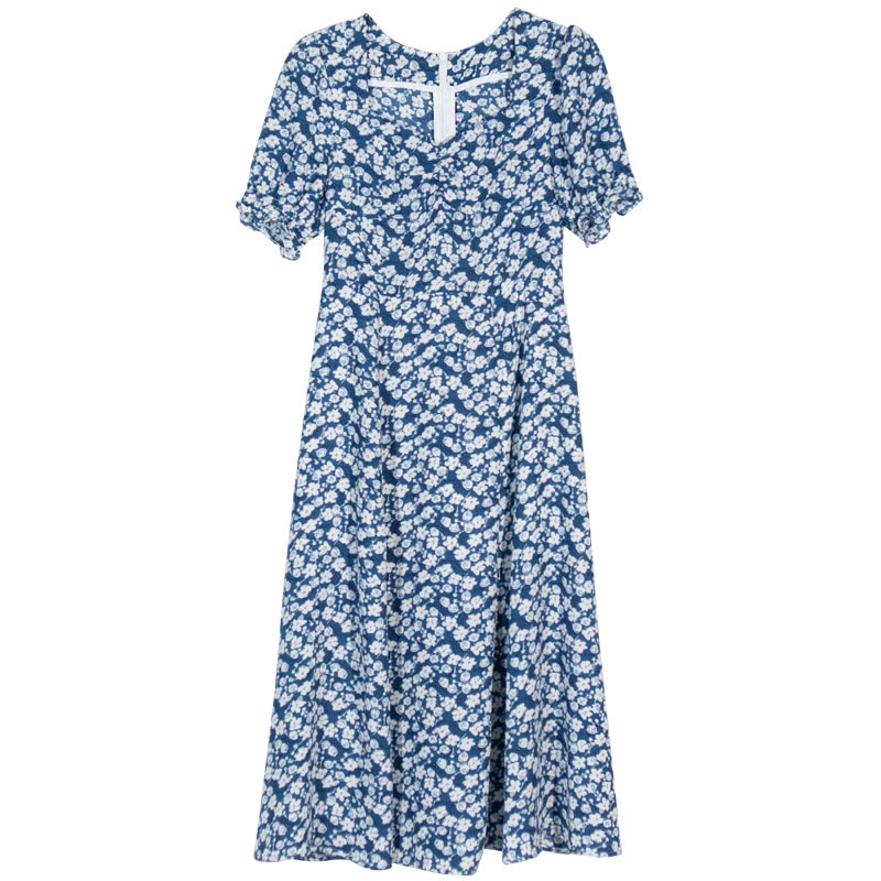 2020新款韩版方领泡泡袖开叉温柔又气质的夏日蓝白碎花连衣裙女潮