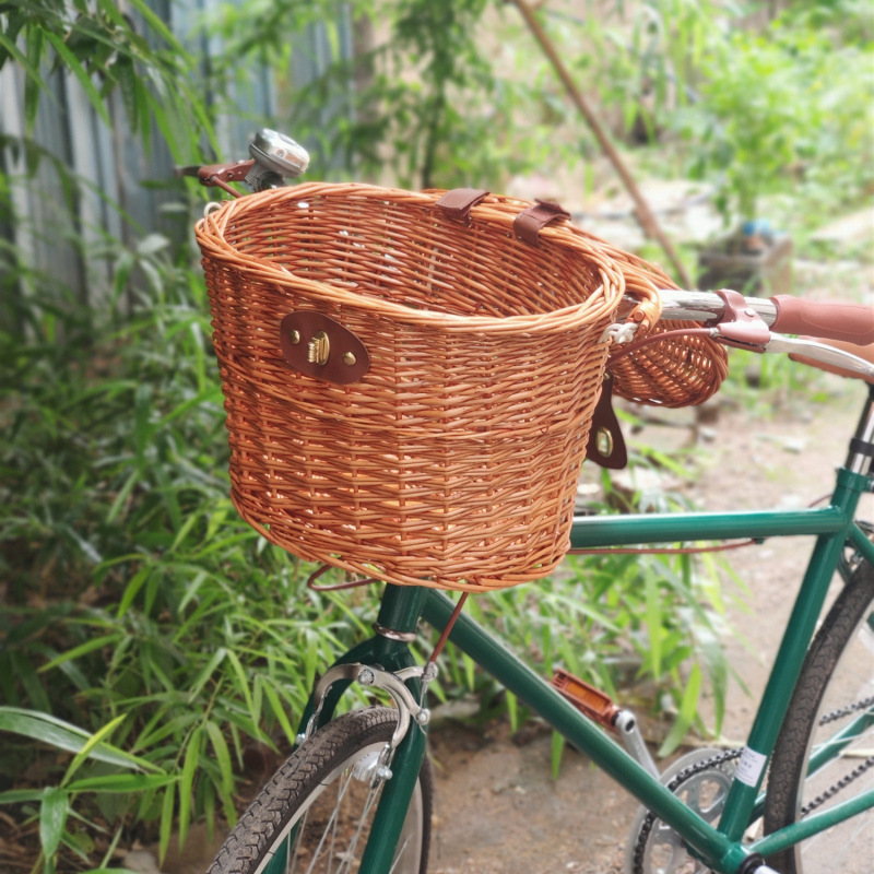 藤编自行车车筐带盖 田园淑女风自行车车篮柳编购物手提编织篮子