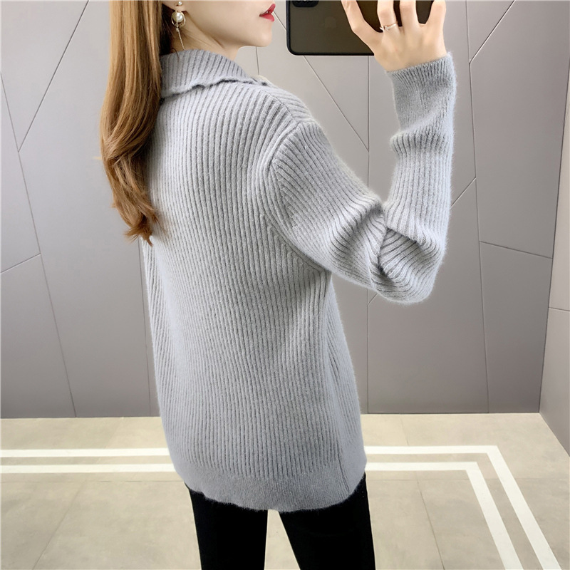 秋冬加厚韩版复古拉链半开大翻领毛衣女洋气套头针织衫宽松外套潮