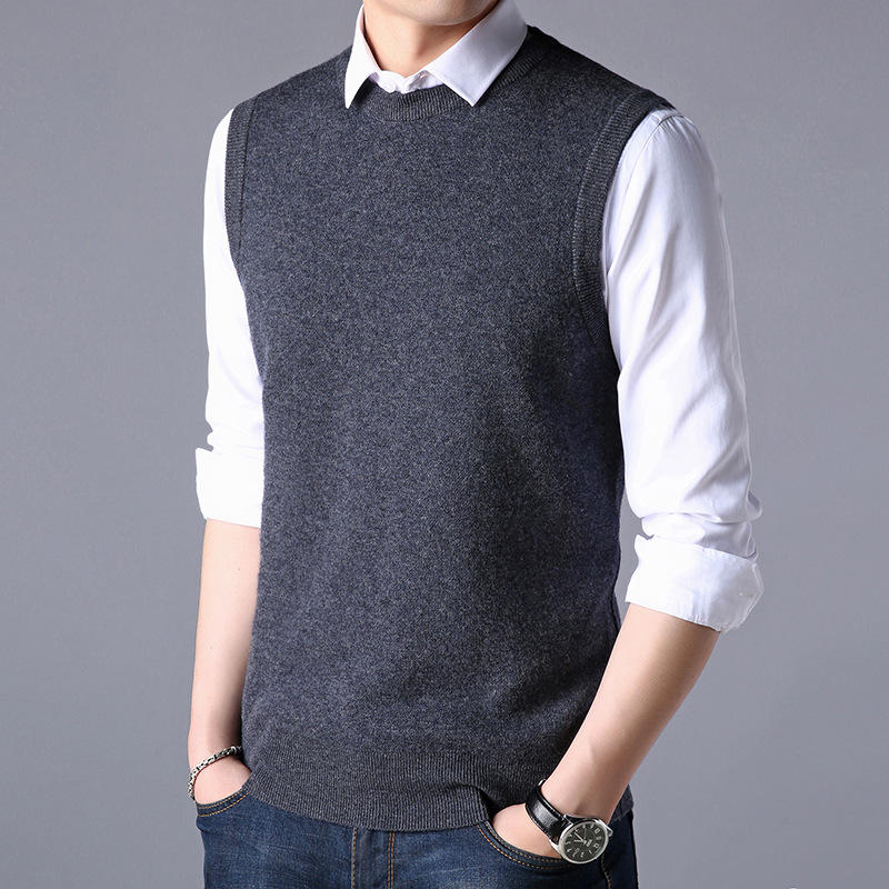 批发中年男士纯羊毛针织毛背心圆领马甲中老年坎肩大码全羊毛衣男