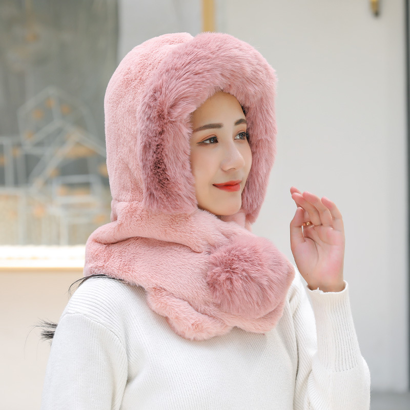 2020韩版女新冬款帽子学生可爱貂毛两用围脖一体帽时尚加绒保暖帽