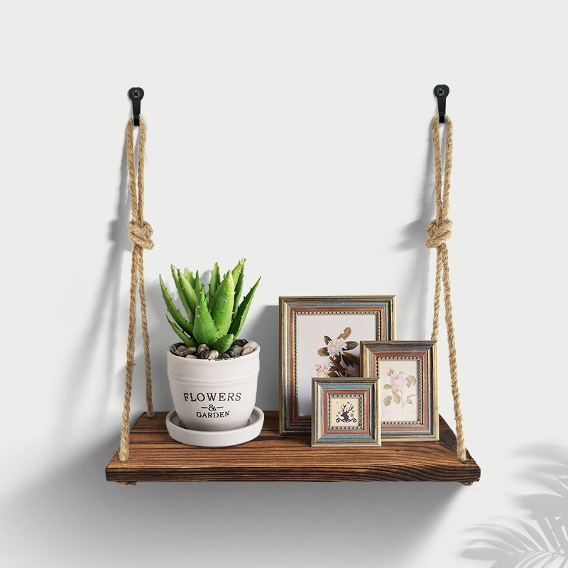 复古麻绳一字隔板墙上置物架挂式收纳架实木墙壁挂架定做壁挂木板