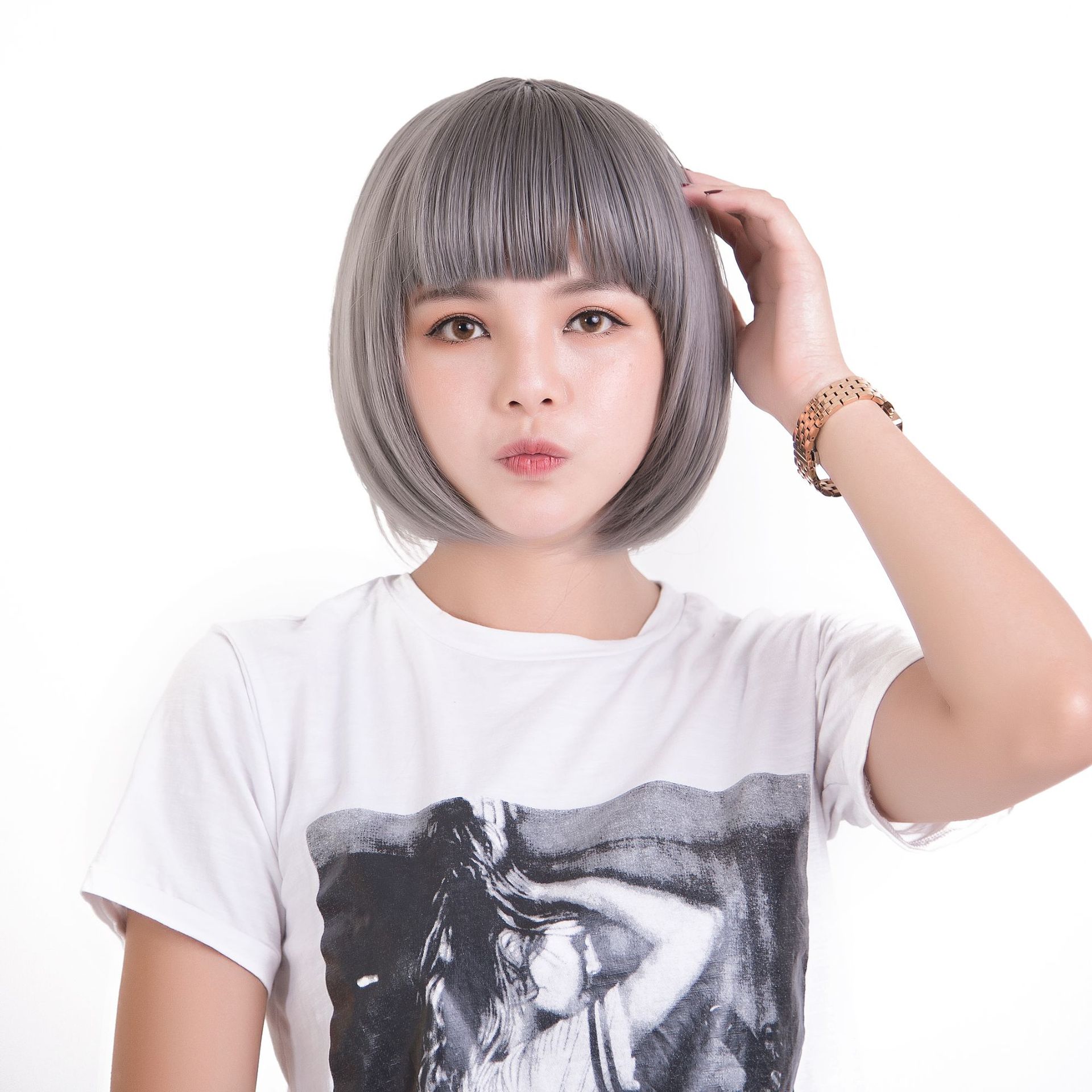 短直发头套 黑色银灰波波头假发头套 奶奶灰齐刘海学生头头套