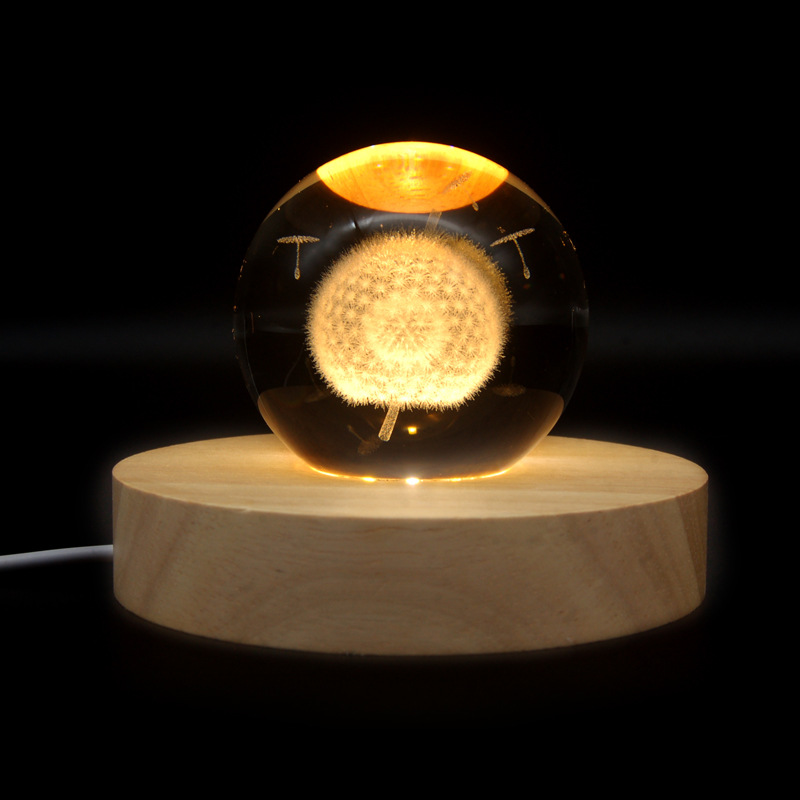 榉木小夜灯3dled遥控七彩充电usb创意礼品旋转水晶球音乐盒外贸款