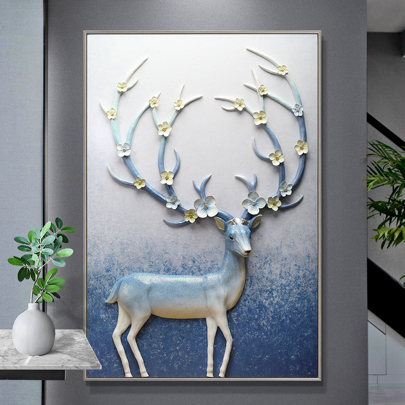 玄关装饰画3d立体树脂油画手绘发财鹿走廊过道浮雕画欧式一件代发