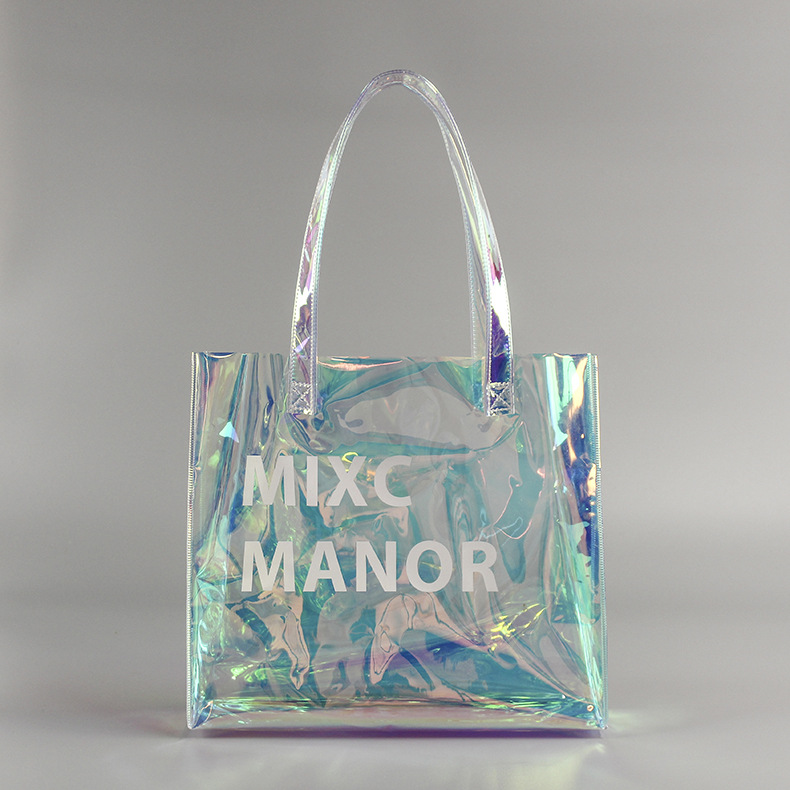网红pvc镭射购物手提袋 透明幻彩手拎袋塑料服饰包装袋logo批发