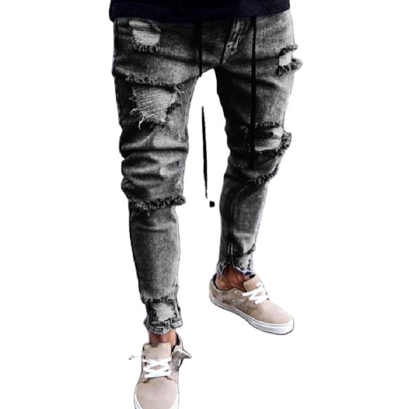 Exclusive for Cross-Border European and American Trendy Jeans Men's Wish New Gray Ripped Stretch Zipper Men's Clothing Skinny Pants