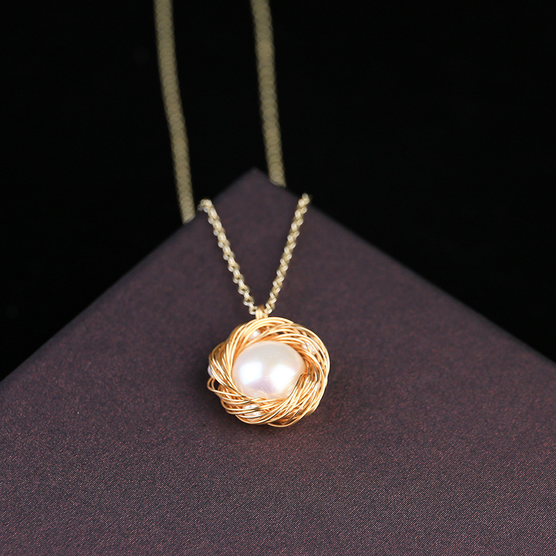 镀金铜线手工缠绕编织满天星鸟巢吊坠淡水珍珠项链锁骨链女7091j