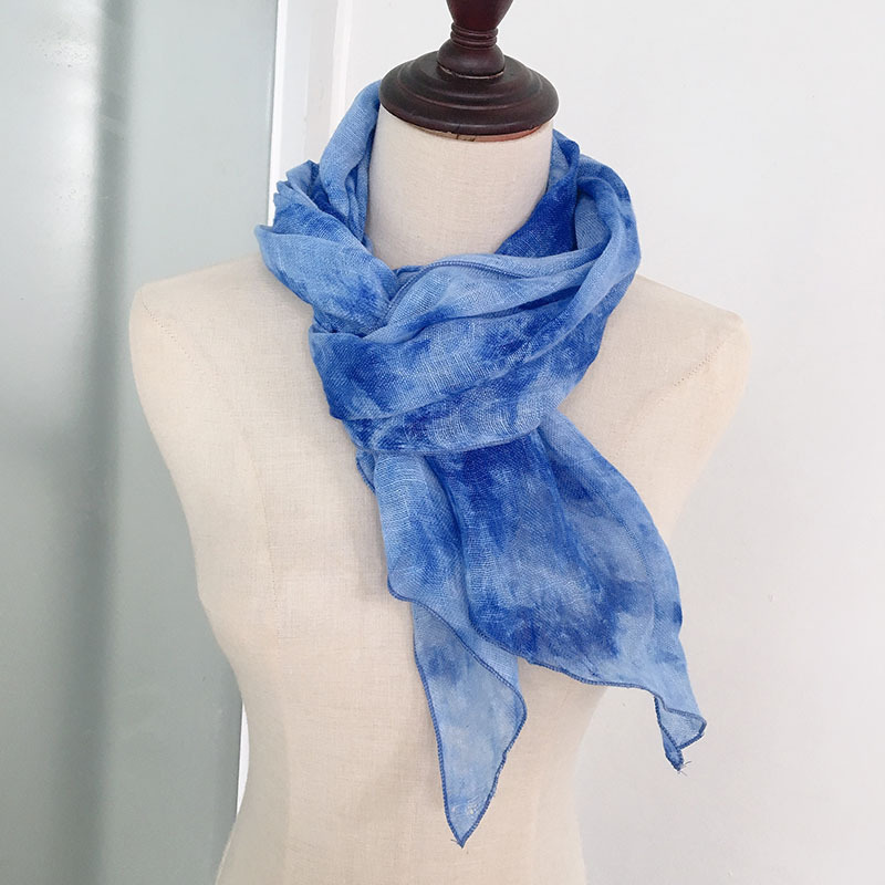 春夏新品亚麻扎染丝巾 薄款透气细窄小围巾特色斜边纱巾双色可选