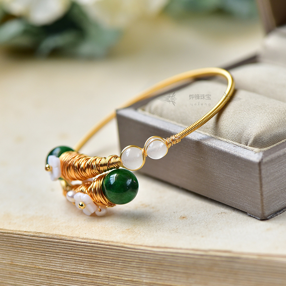 14k包金干青 淡水珍珠 金丝玉手镯开口原创设计女款线编织饰品