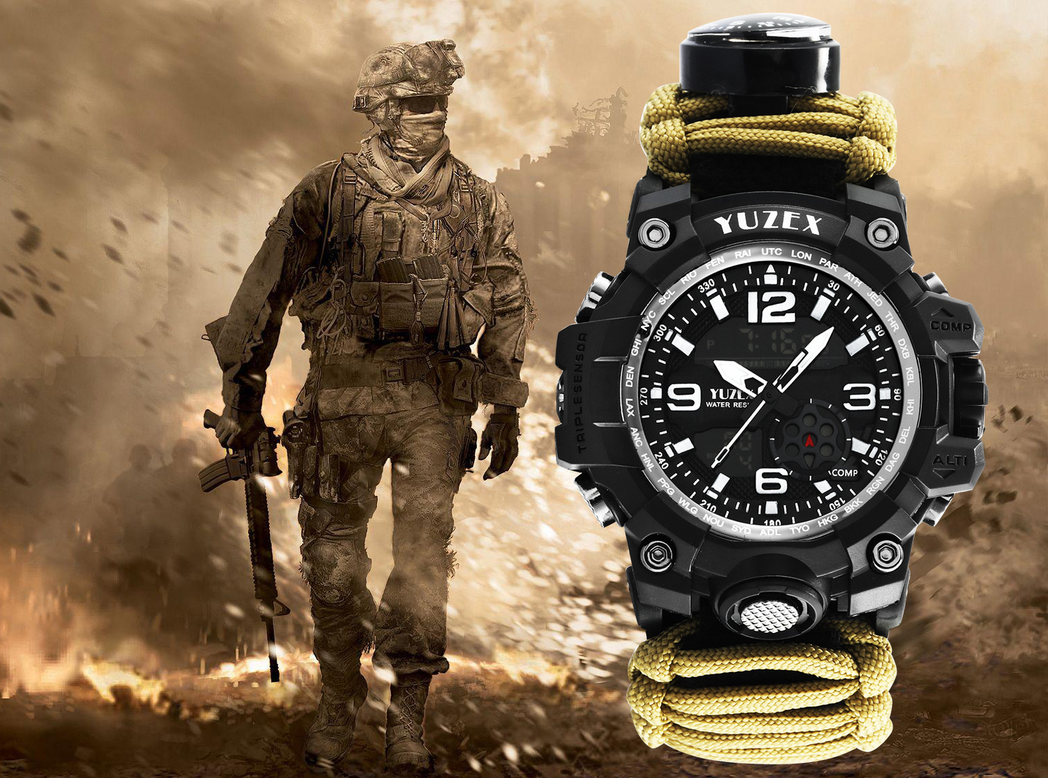 yuzex户外战术手表 七芯伞绳纯手工编织野营登山表贴牌加工电子表