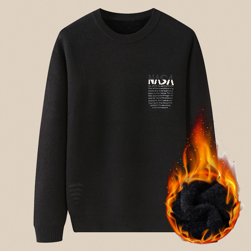 秋冬加绒加厚保暖针织衫胖子加肥加大码男士宽松圆领休闲潮流体恤