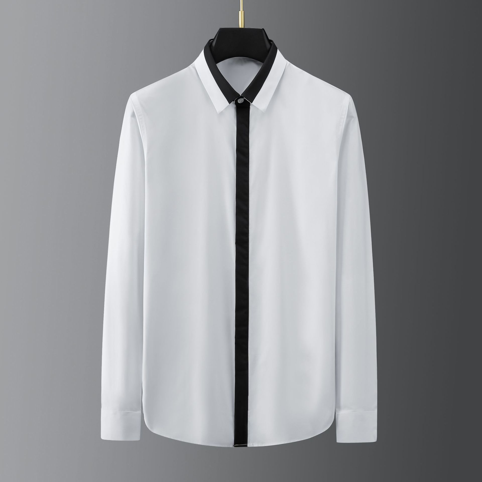 欧美流行新款领子门襟黑白拼接男装潮牌衬衫长袖休闲衬衣一件代发