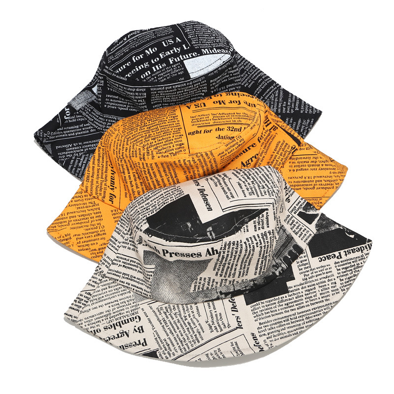 新款印花报纸盆帽夏韩版字母帽子女潮牌水桶帽街头个性涂鸦渔夫帽