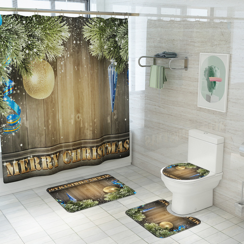 2020new Wood Board Bell Ball Bathroom Mat Digital Printing Waterproof Shower Curtain Factory Direct Supply Bathroomset