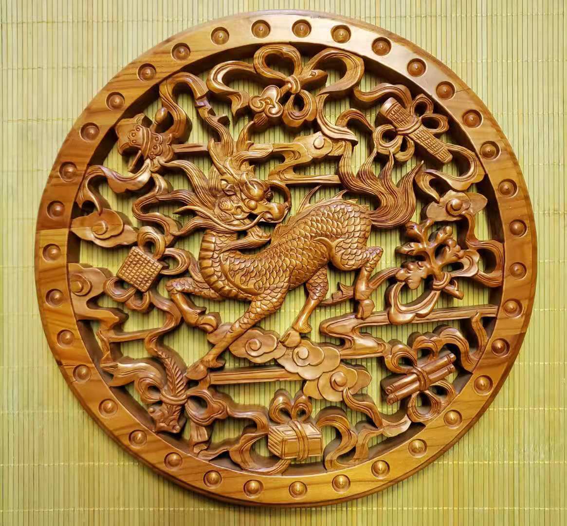 源头厂家桃木手工雕刻加工麒麟送子八宝看盘双鱼九狮龙马精神摆件