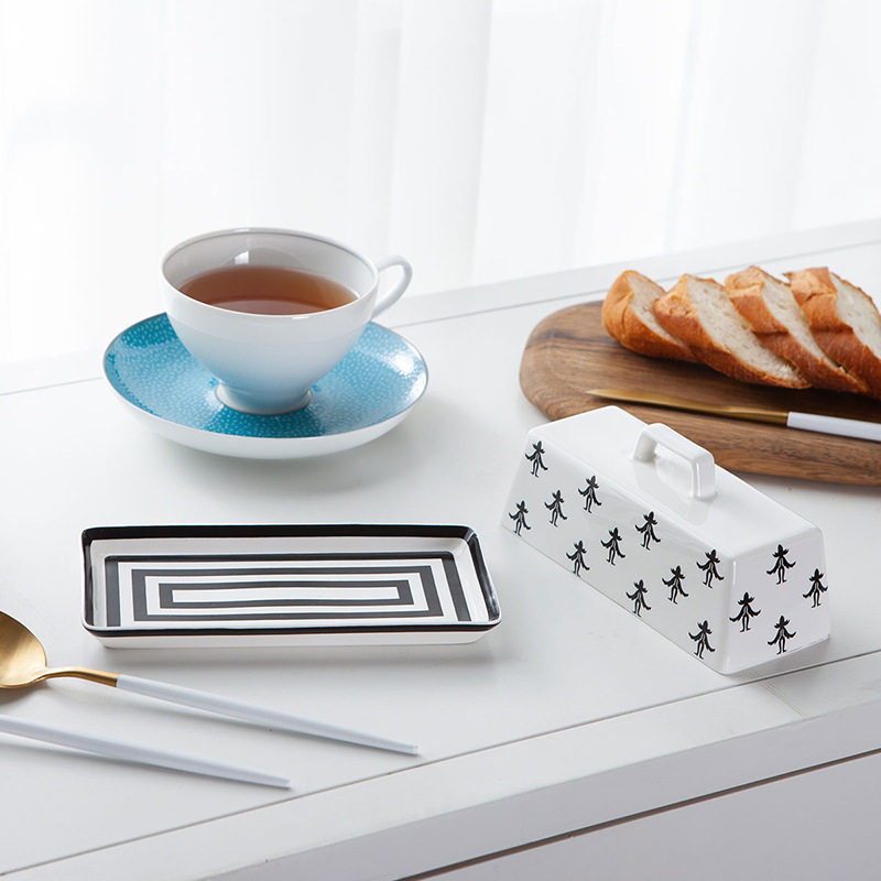 家用厨房陶瓷黑色条纹花黄油盘带盖黄油碟陶瓷密封罐保鲜盘长方盘