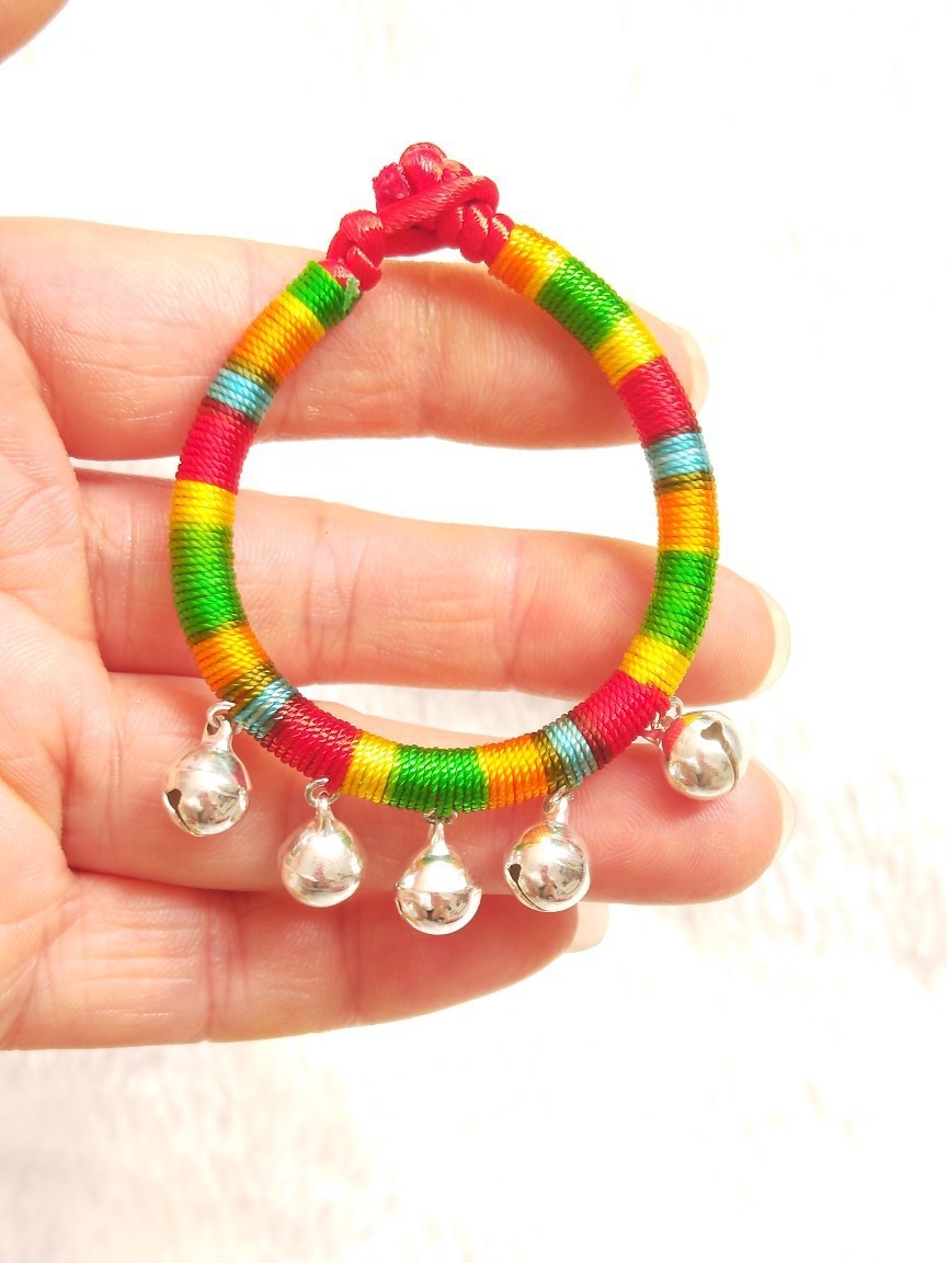 手工编织五个银铃铛五彩绳手链 端午节儿童金刚结红绳手链脚链