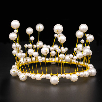 七夕情人节皇冠蛋糕装饰摆件 6寸整圈珍珠王冠8寸烘焙海藻皇冠