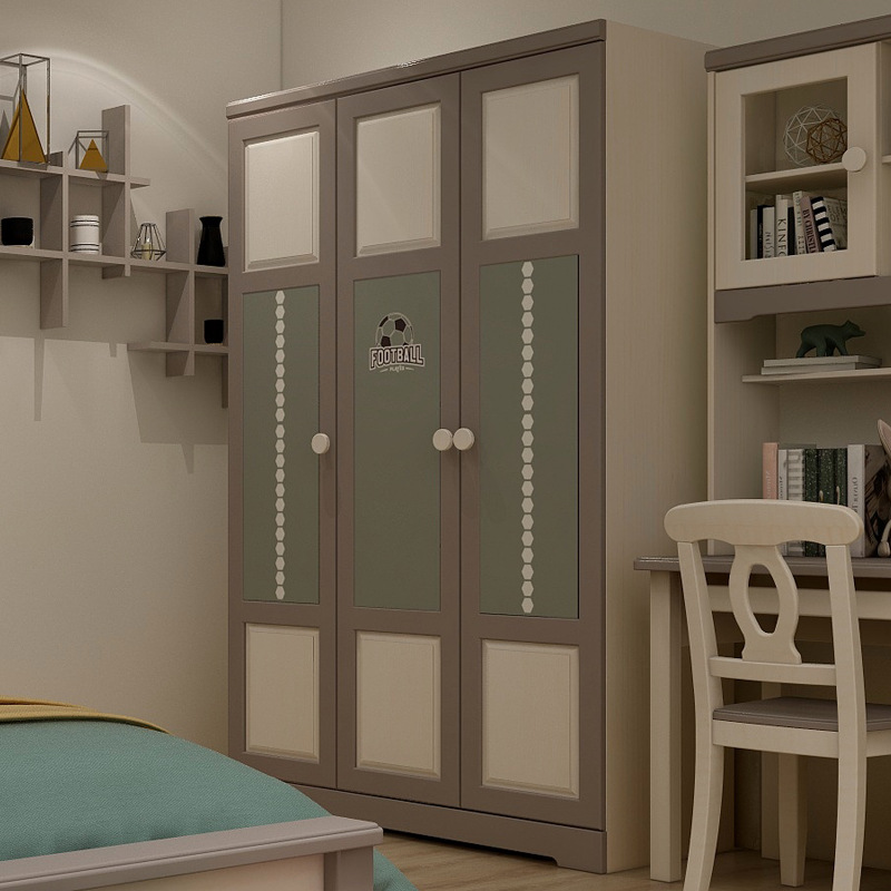美式儿童衣柜男孩三门衣柜平开门实木衣橱田园卧室储物收纳整体柜