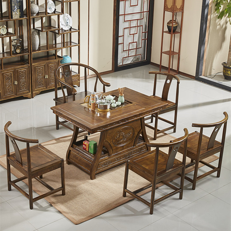 实木茶桌椅组合家用禅意榆木茶台新中式办公室功夫泡茶几套装一体