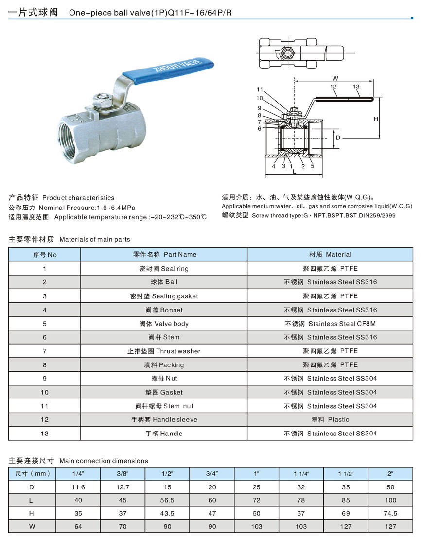 不锈钢球阀尺寸对照表图片