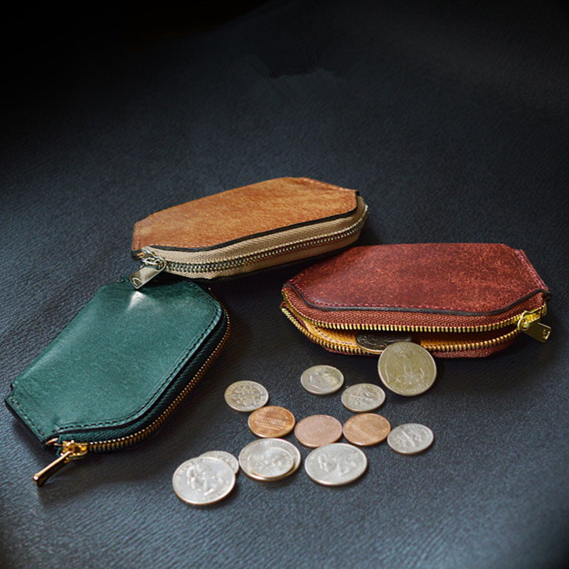 日式真皮小零钱包 时尚多边形拉链硬币包 复古树膏皮迷你零钱包