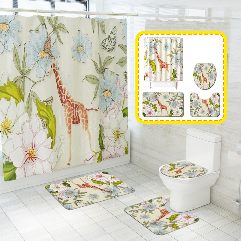Foreign Trade New Cartoon Giraffe Printing Shower Curtain Toilet Floor Mat Four-Piece Bathroom Carpet Set Cross-Border Hot Sale
