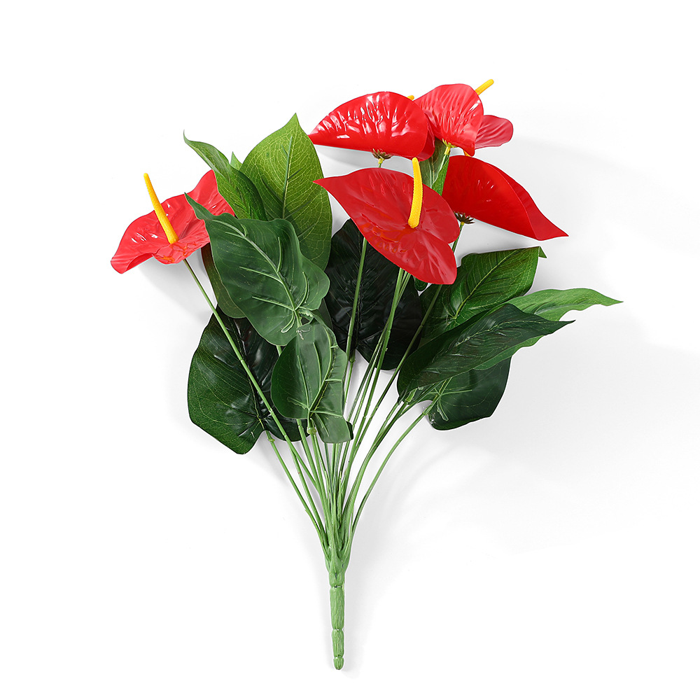 源盛18杈五头小红掌仿真叶片插花花店火锅店装饰 仿真花批发