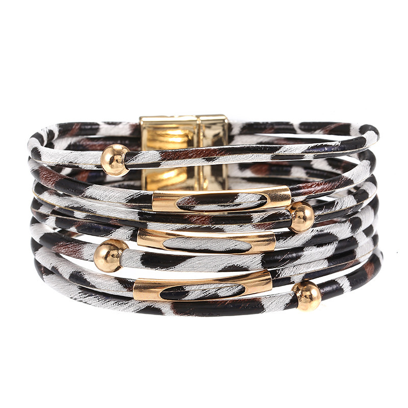 Cross-Border European and American Hot Alloy Leopard Print Magnetic Buckle Leather Bracelet String Beads Leather Rope Bracelet Copper Tube Bracelet Ornament