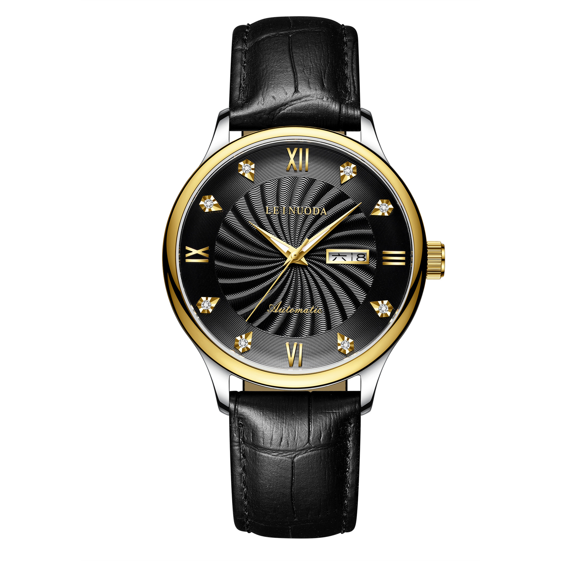 男士手表简约双日历商务全自动机械表精钢时尚圆形防水腕表男批发