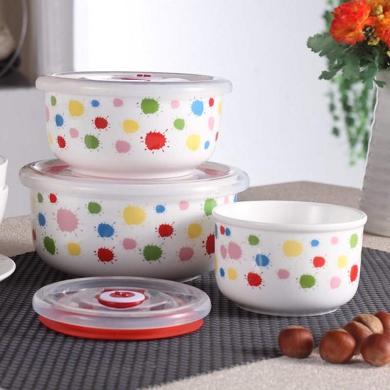 陶瓷保鲜碗三件套带真空密封盖多花面可定制礼品瓷餐具