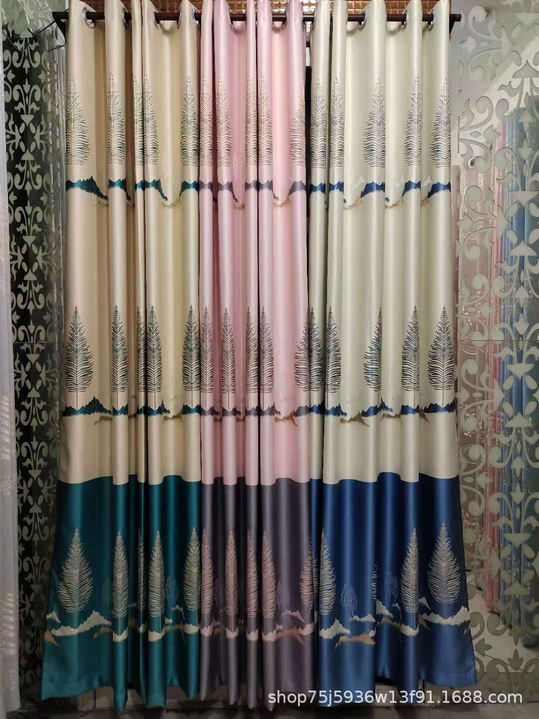 柯桥厂家批发 新款棉绒提花客厅卧室阳台遮光窗帘 可定做成品窗帘