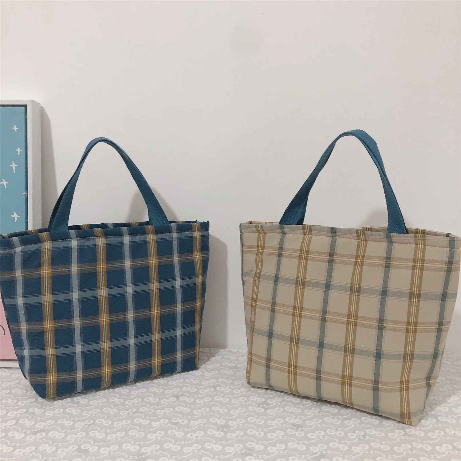 【归蝶布包】布袋包手提小拎包便当包格子棉布有保温层拉链午餐包