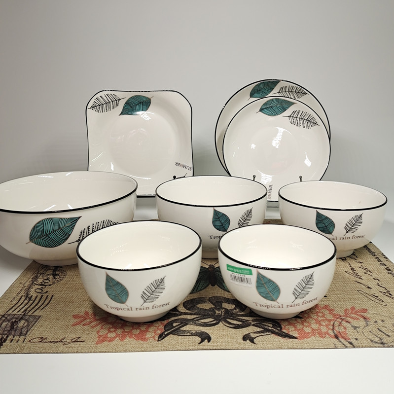 优尊陶瓷碗碟盘子厂家批发金叶相随简约北欧时尚款陶瓷餐具套装