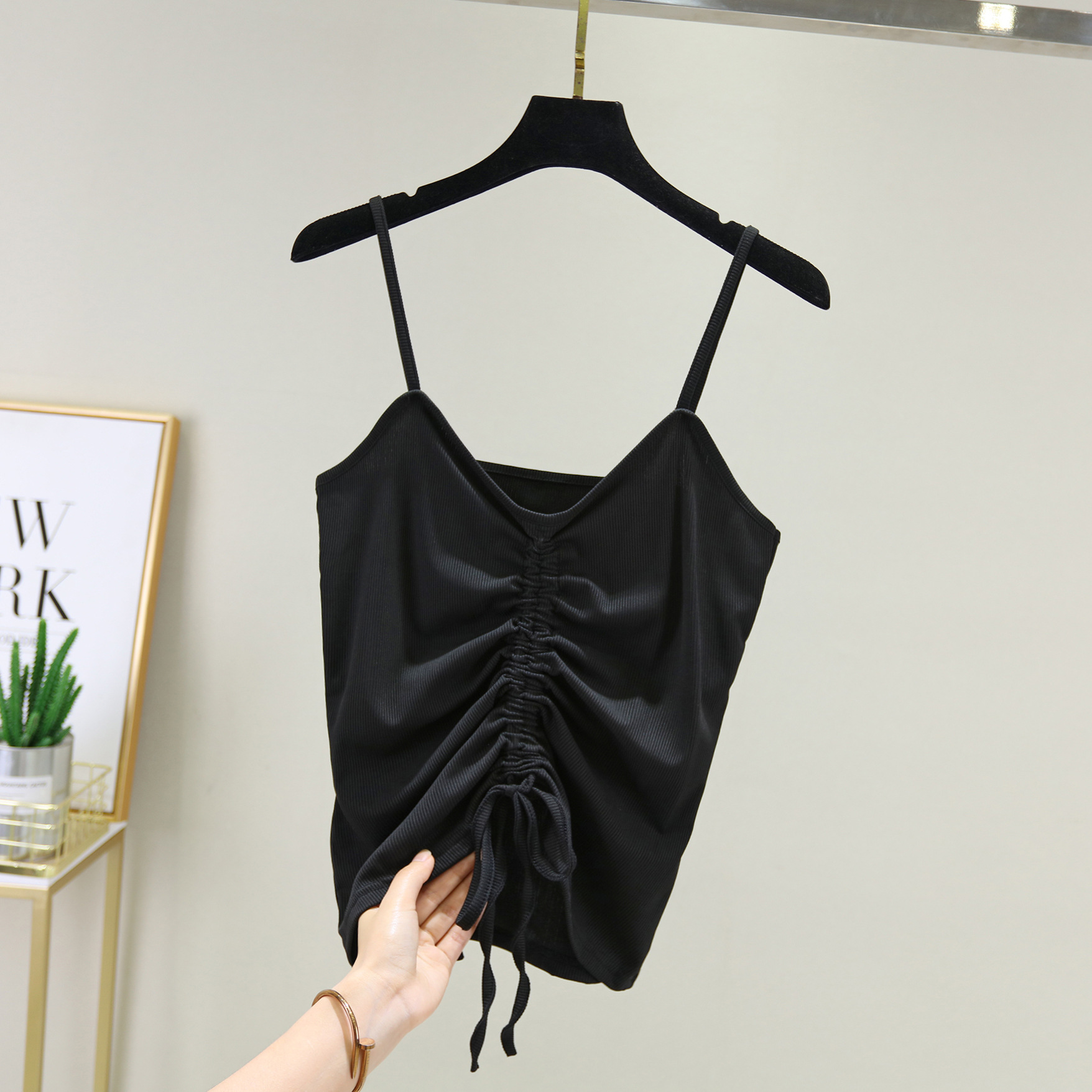 夏季新款v领抽绳褶皱小吊带韩版修身百搭吊带背心内搭外穿上衣